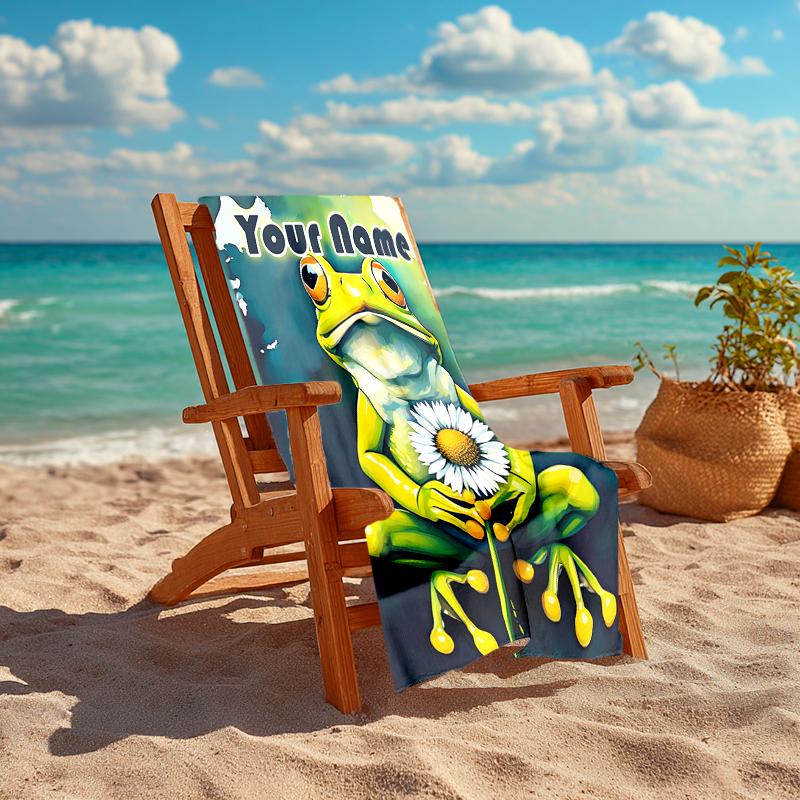 1PC Custom Name Frog Daisy Flower Beach Towel Highly Absorbent And Sand-Resistant Towel for Swimming, Pool, Yoga, And Travel Lightweight
