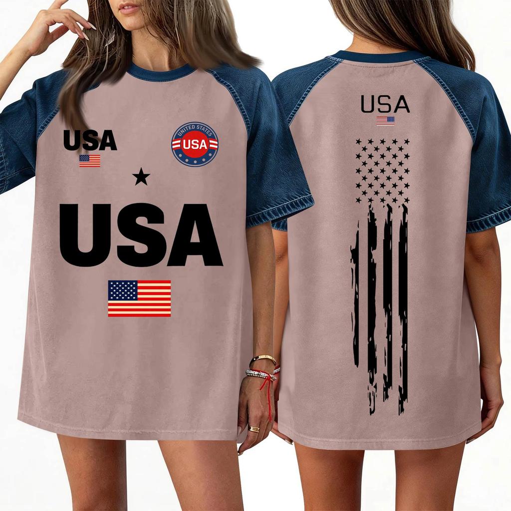 Women's Denim Patchwork Top, Casual Short-sleeved Comfortable T-shirt, Fashionable For Spring And Summer.