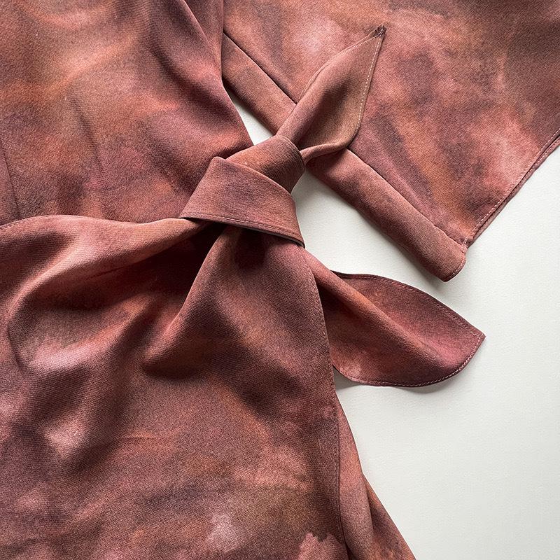 Elegant Burgundy Silk Wrap V-Neck Dress with Mid Sleeves