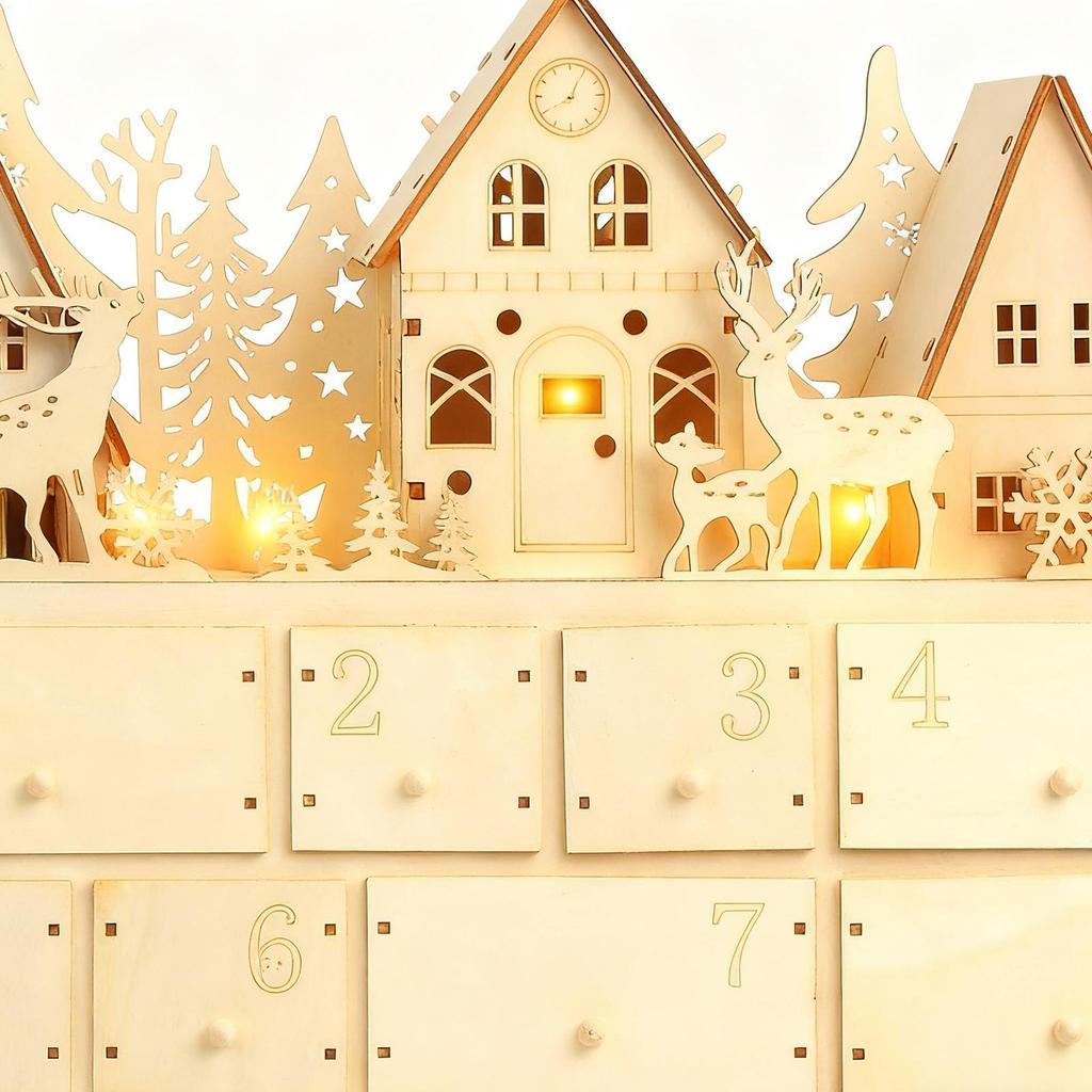 Wooden Advent Calendar with LED Lights 24 Days Countdown to Christmas Light Up Tabletop Decor Creative Holiday Gift for Home