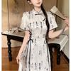 Summer Vintage Stand Collar Bandage Lace Up Dress Ladies Elegant Fashion Hollow Out A-line Robe Women Y2K Short Sleeve Vestidos