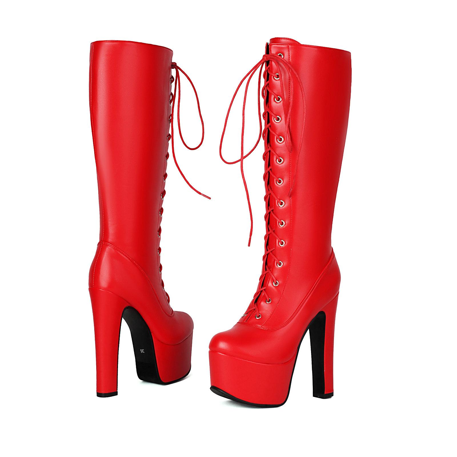 

Platform Tall Boots Women s Knee High Boots Sung Fit Super High Heels Shoes Lace Up Sexy Dance Party Footwear 34 червоний