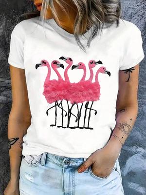 Flamingo Pattern Round Neck Women T-shirt Short Sleeve Fashion Print Half Sleeve Shirt Stretch T-shirt