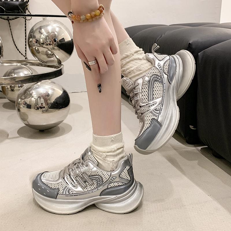 fashion Fashionable Thick-soled Sneakers for Women, Breathable Mesh Lace-up Thick-soled Summer Lightweight Sneakers for Women