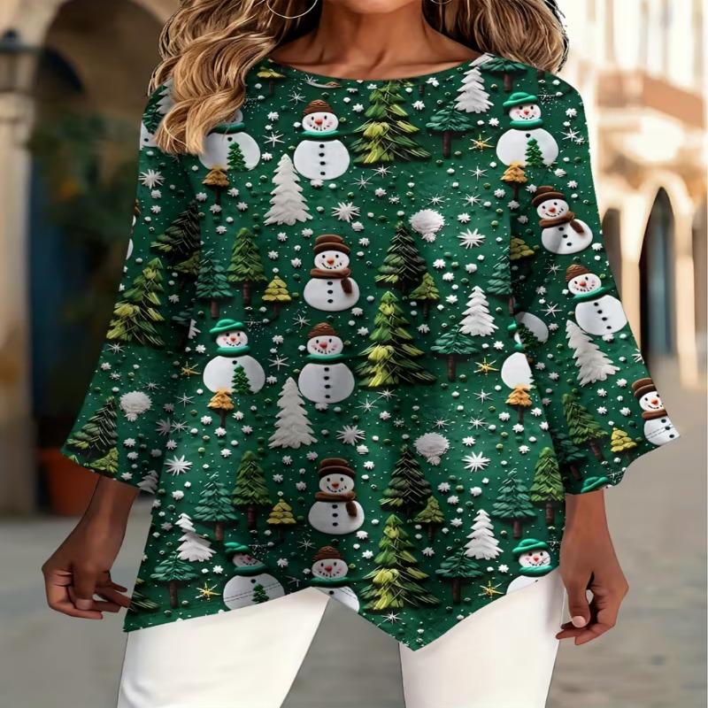 Women's fashionable printed round-neck T-shirt, with asymmetrical cross-over hem design, machine washable