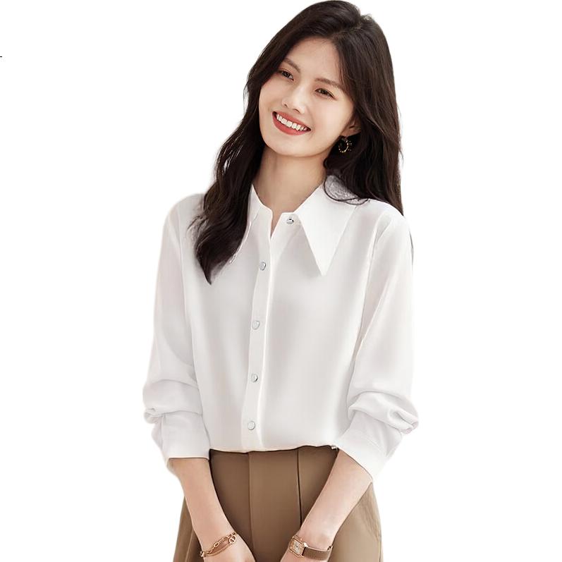 She Enjoy Long Sleeve Vintage Simple White Shirt Women's Commuting Versatile Chiffon Blouse Cardigan T143C2003