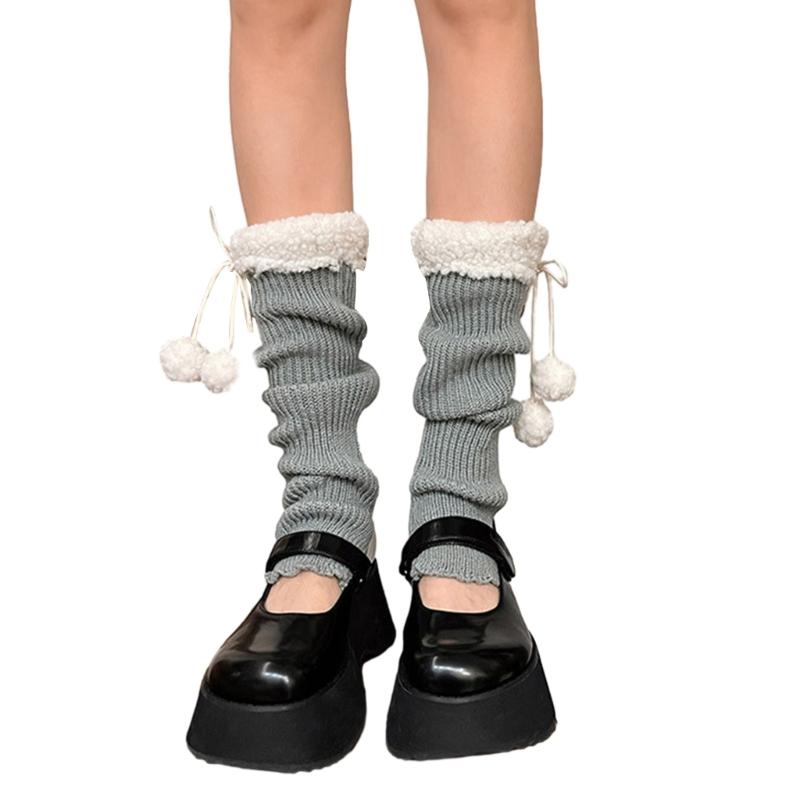 Lolitas Leg Warmers for Women Girls White Ball Knitted Leg Sleeves Winter Warm Ankle Heap Socks JK Uniform Foot Cover