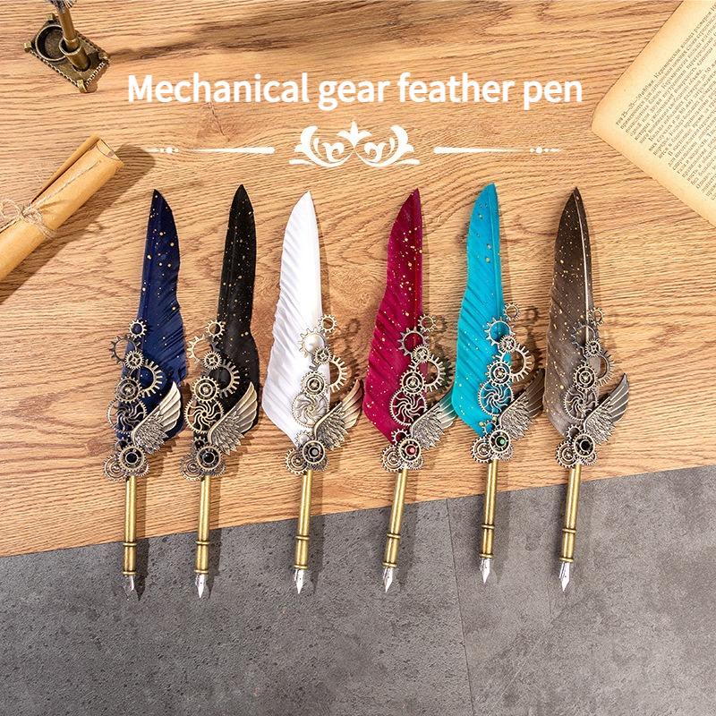1SET Blue Peacock Mechanical Punk Wind Wing Pen Dipping Pen Ink Advertising Gift Pen Quill Set