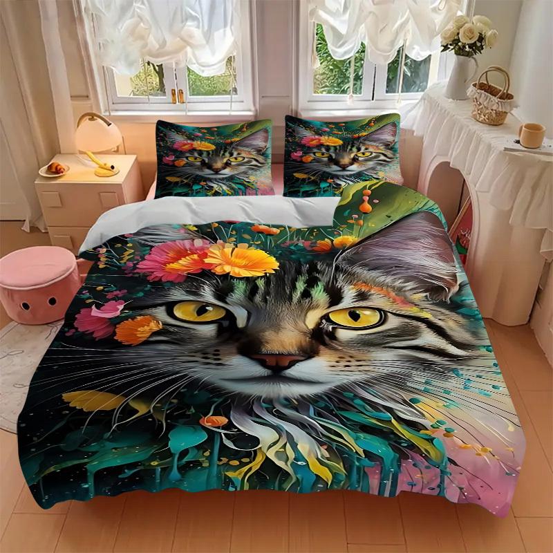 3pcs Floral Cat Artwork Duvet Cover Set -Includes 1 Duvet Cover and 2 Pillowcases, No Quilt Core, All-Season Home Decor Yy251111182