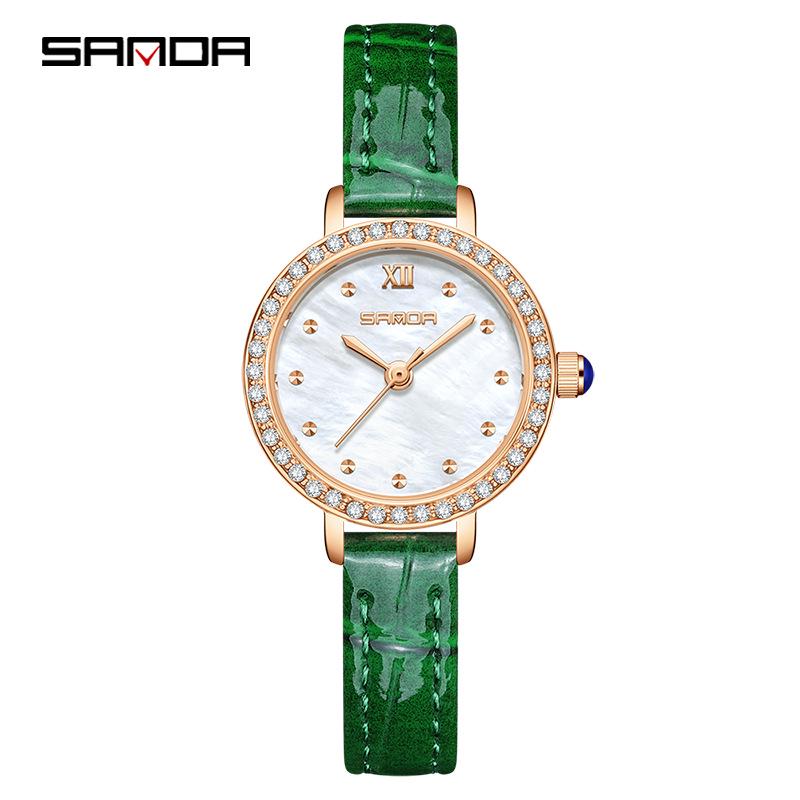 Sanda Versatile Women s Watch: Rhinestone Mother-of-Pearl Dial, Light Luxury Korean Style, Small Round Quartz Design.