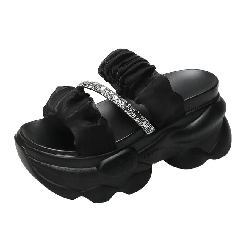 

Модные женские летние шлепанцы на толстой подошве 9 см, модные сандалии на толстой подошве, блестящие клиновидные каблуки, шлепанцы, высокая платформа, пляжные шлепанцы, zapatos 34