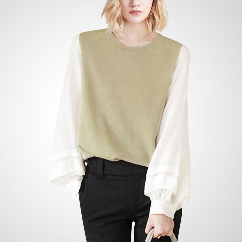 

Color Contrast Patchwork Loose Chic Stylish Knitwear Bean paste green + White S