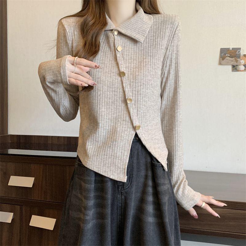 Women's Pullover Knitted Sweater Base Shirt for Autumn and Winter Lapel Long Sleeved Top