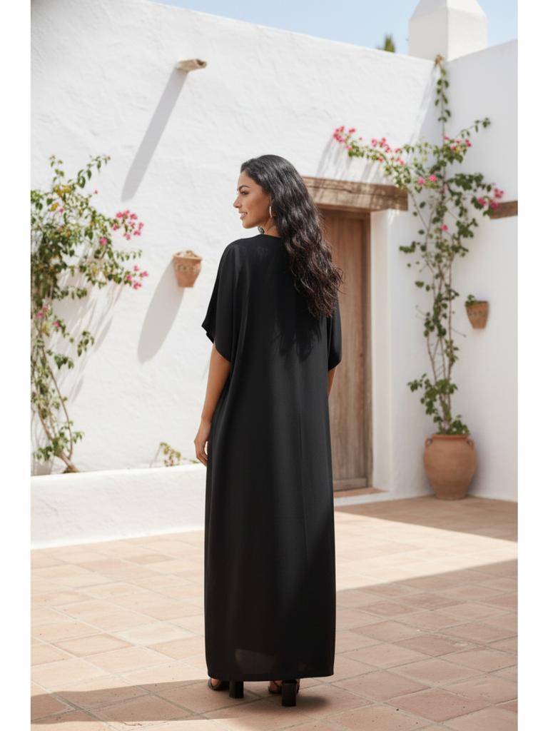 Womens Boho Embroidered V Neck Kaftan Dress Loose Fit Elegant Loungewear Beach Cover Up for Summer Resort Wear Q1545-23001