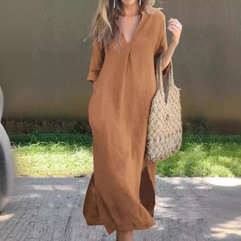 Side slit V-neck 7 cuff chest pleated dresss