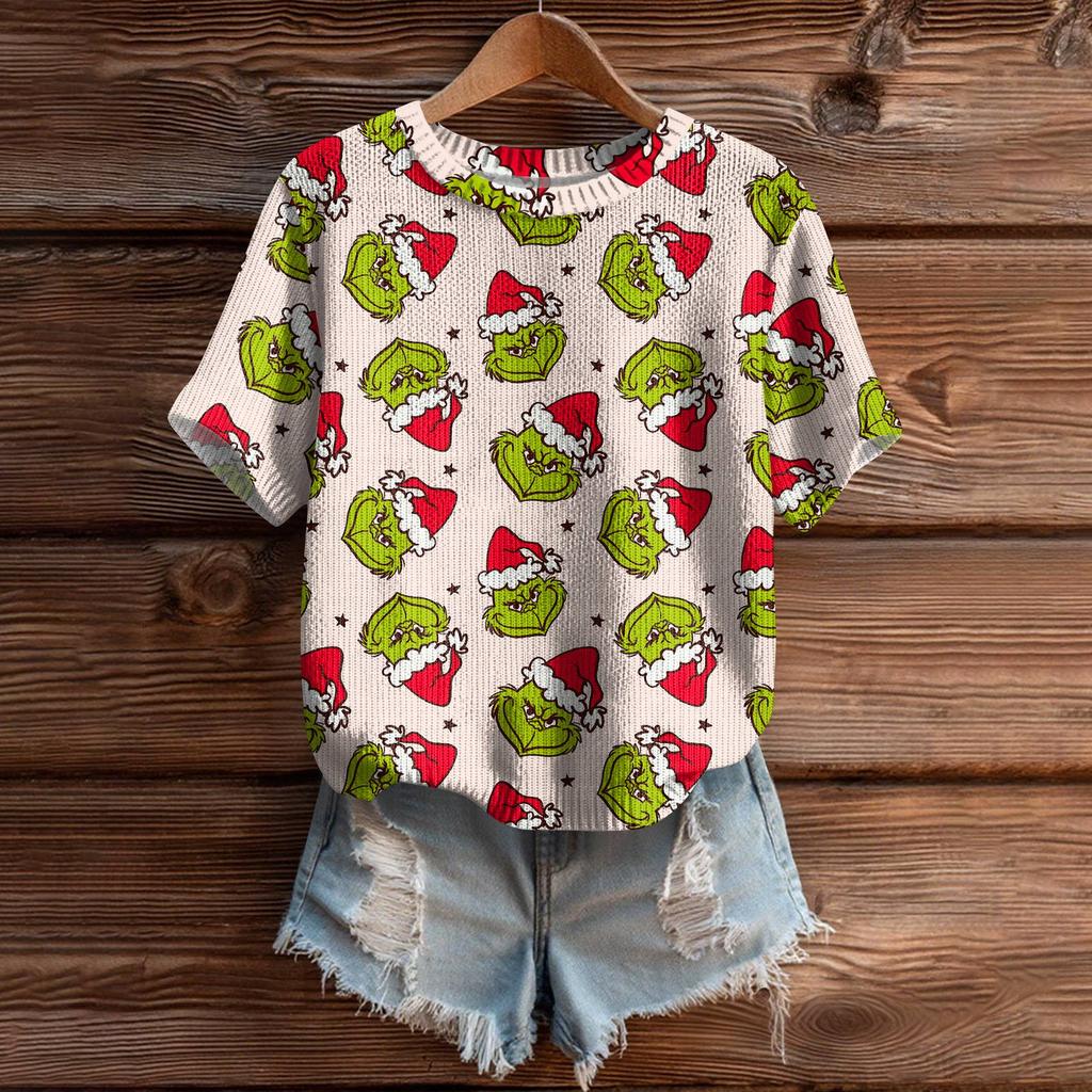 Women's Cute Sweater Knitted Fashion Casual Round-neck Short-sleeved  Cozy Print Top