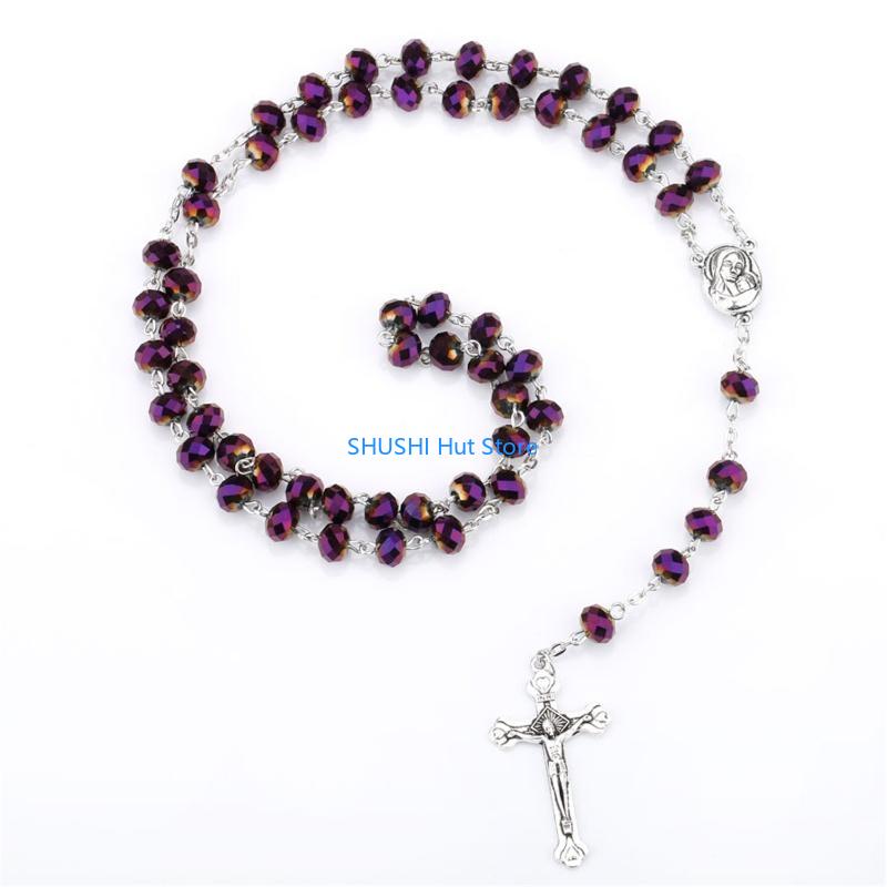 Crystal Beads Rosary Necklace Catholic Holy Land Baby Christian Jesus for Cross Necklaces Religious Jewelry Men D57B