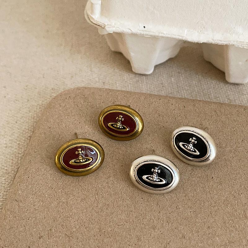 Medieval Style Oval Metal Oil Drop Planet Earrings for Women - Niche Design, Fashionable, Versatile.