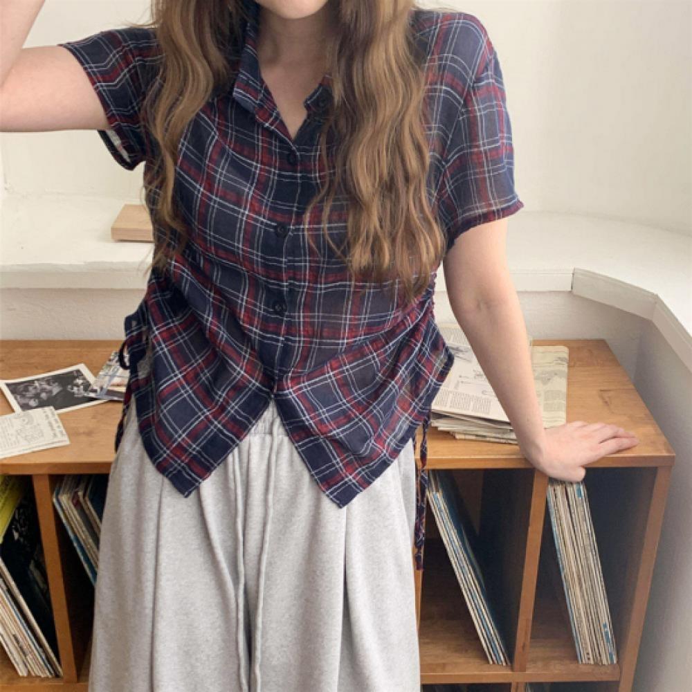 New Arrivals Open Run Women Classic Color Block Check Strap Short Sleeve Blouse