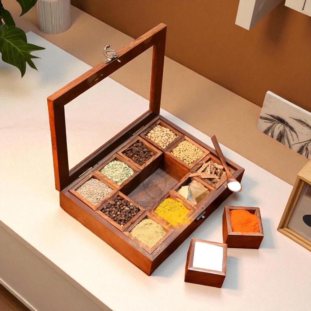 Wooden Spice Box Set for Kitchen Large Containers Spice Jars & Spoon In Sheesham Wood Masala Dabba