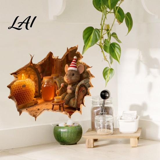 Creative Gift for Friends 3D Christmas Mouse Hole Wall Sticker Waterproof PVC Decal Festive Removable Window Cling Scene Easy Apply Holiday