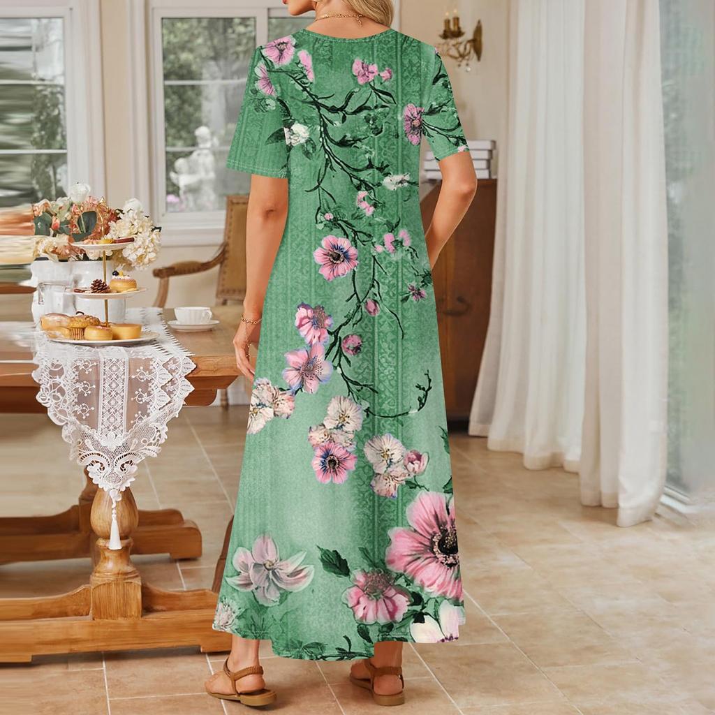 Women's Fashionable And Casual Long Beach Skirt Round Neck Short Sleeved Loose Retro Print Dress
