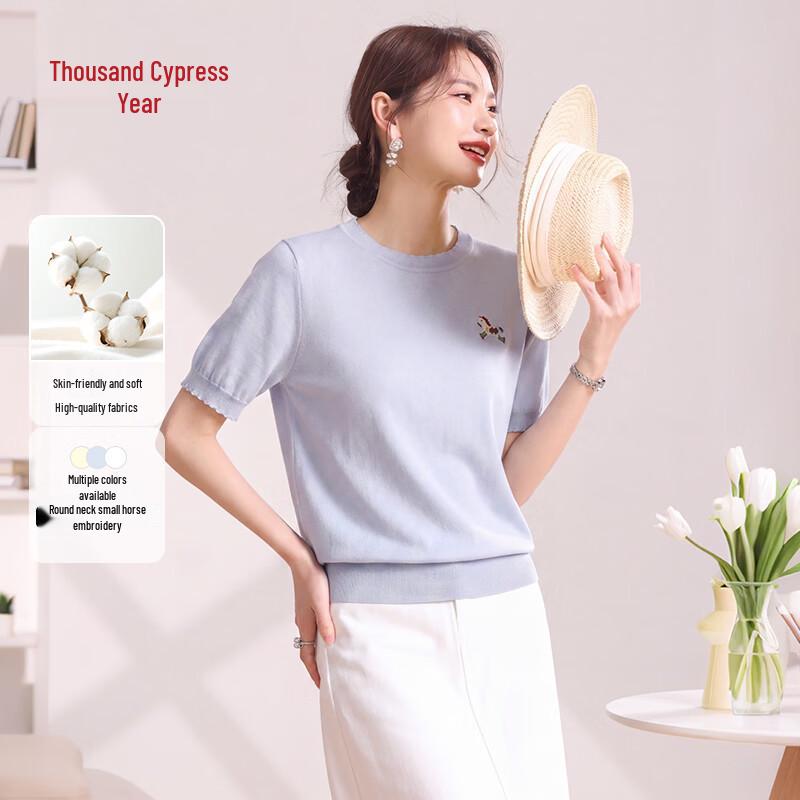 

Qianbainian Little Horse Embroidered Linen Blend Short Sleeve T-shirt 2XL