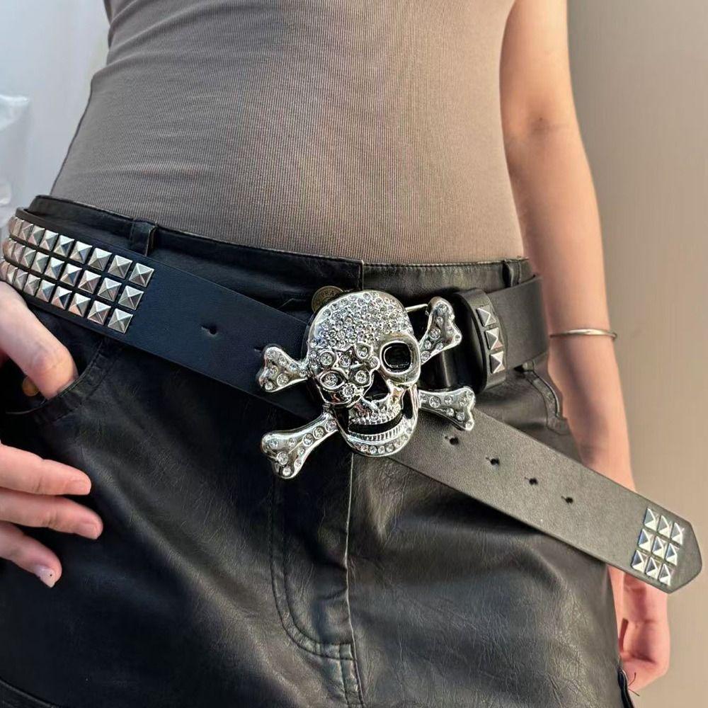 Rhinestone Black Rivet Belt Adjustable Skeleton Belt Skull Wide Waistband Trouser Decoration