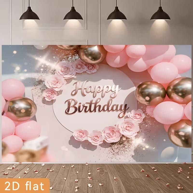 D Pink Floral Rose Gold Birthday Backdrop Glitter Balloon Themed Party Photography Background