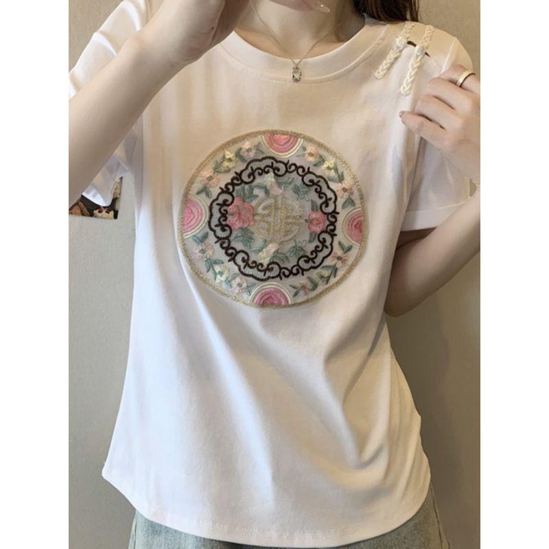 Plus Size Women's Clothing Chinese Style Summer Retro Sweet round Neck Chinese Knot Button Fashion Girlish Style Casual Short Sleeve T-shirt L-4XL
