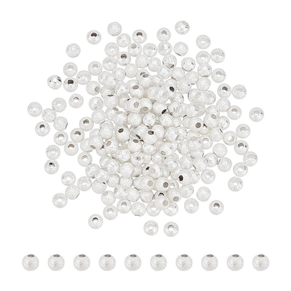 200Pcs Textured Brass Beads, Long-Lasting Plated, Round, Nickel Free, 925 Sterling Silver Plated, 3x2.5mm, Hole: 1mm