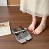 Fashion Niche Fishing Net Woven Hollow Sandals for Women In Summer 2025 New Style with Skirt Block Heel Square Toe Muller Semi-slippers