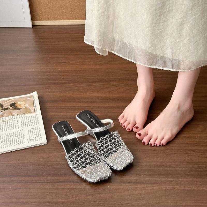 Fashion Niche Fishing Net Woven Hollow Sandals for Women In Summer 2025 New Style with Skirt Block Heel Square Toe Muller Semi-slippers
