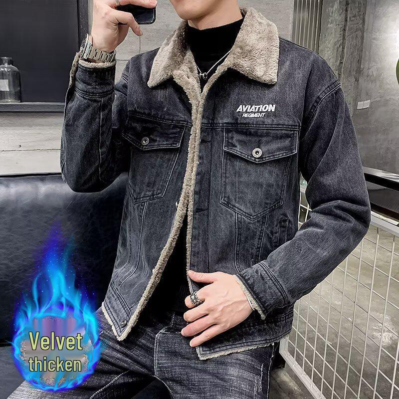 Men s Embroidered Denim Jacket with Lambswool - Autumn/Winter Style, Thickened Velvet, Trendy and Handsome. 2XL