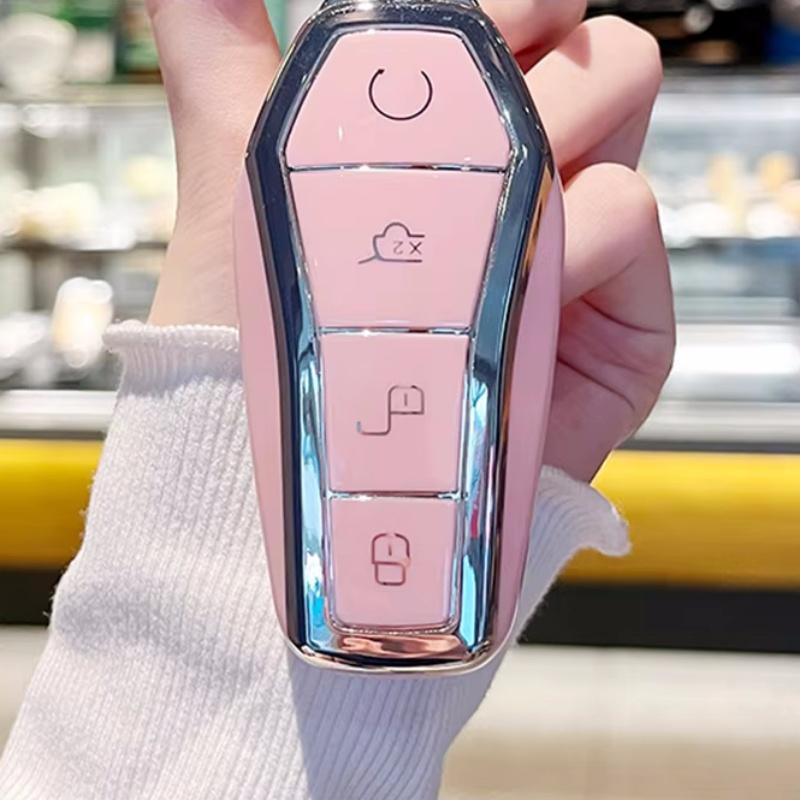 Pink 4 Buttons Keychain With Key Fob Cover Case Shell For Byd Atto 3 Han Ev Dolphin Remote Control Protect Cover Auto Accessori