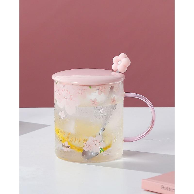 Summer Japanese Cherry Blossom Glass Cups for Girls High Appearance Level Household Water Cups High Temperature Resistant Large Capacity Milk Cups