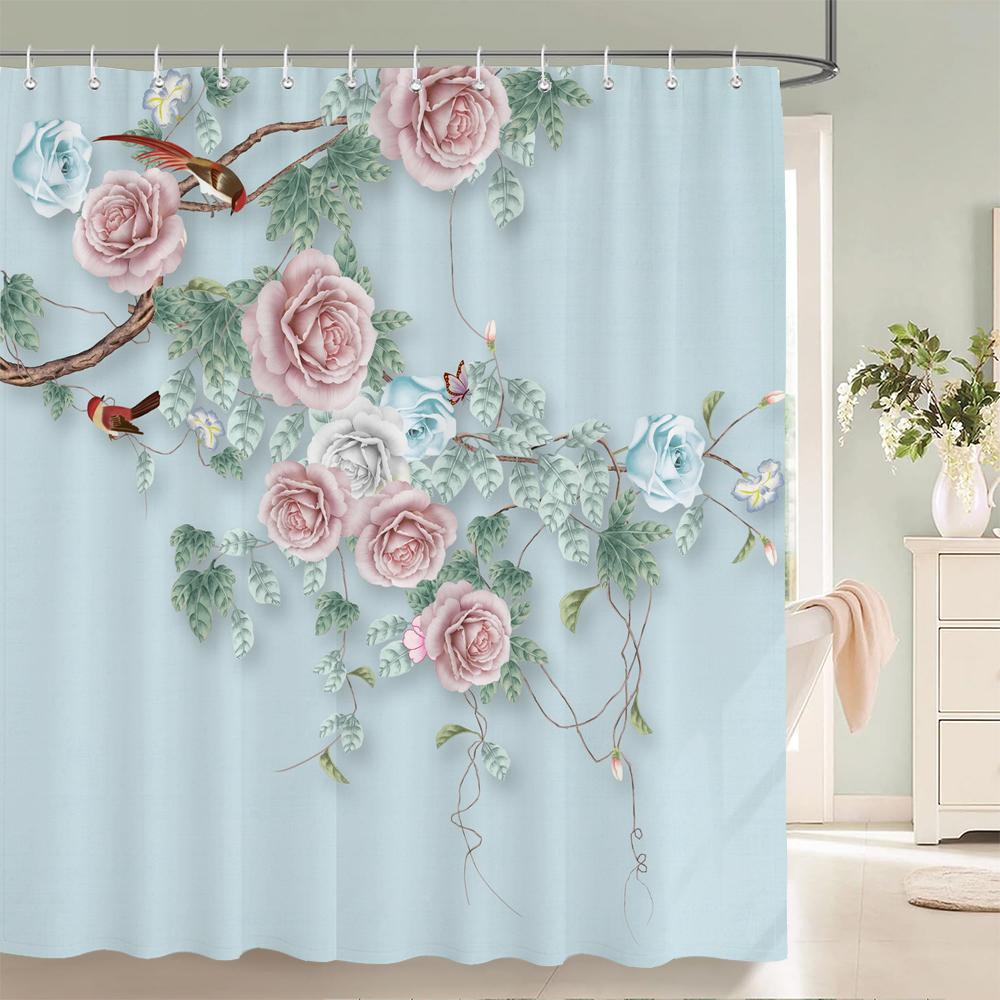Květinový sprchový závěs Koupelna Vodotěsný Polyesterový Sprchový závěs Květinové potiskované závěsy do koupelnové sprchy s háčky