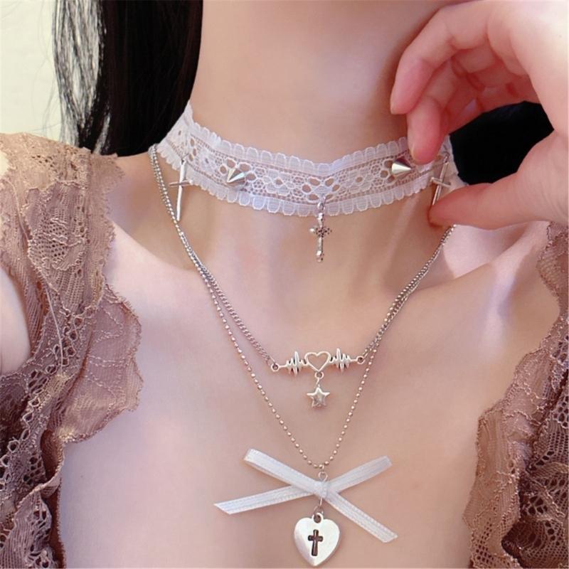 Fashion Neck Jewelry Pendant Necklace Lace Necklace Bowknot Necklace Fashion Star Pendant Necklace Gift for Women Girls
