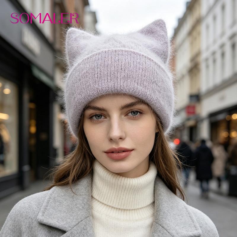 SOMALER Women's Autumn Winter Angora Knit Warm Hat with Brim and Sequin Decoration Cute Cat Design Beanie 54-58cm