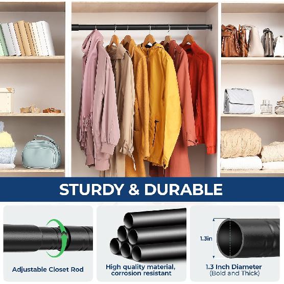 Mavivegue Closet Rod, 17 to 84 Inch Adjustable Closet Rods for Hanging Clothes, Heavy Duty Tension Rod, Black Curtain Rod, for Closet, Wardrobes,