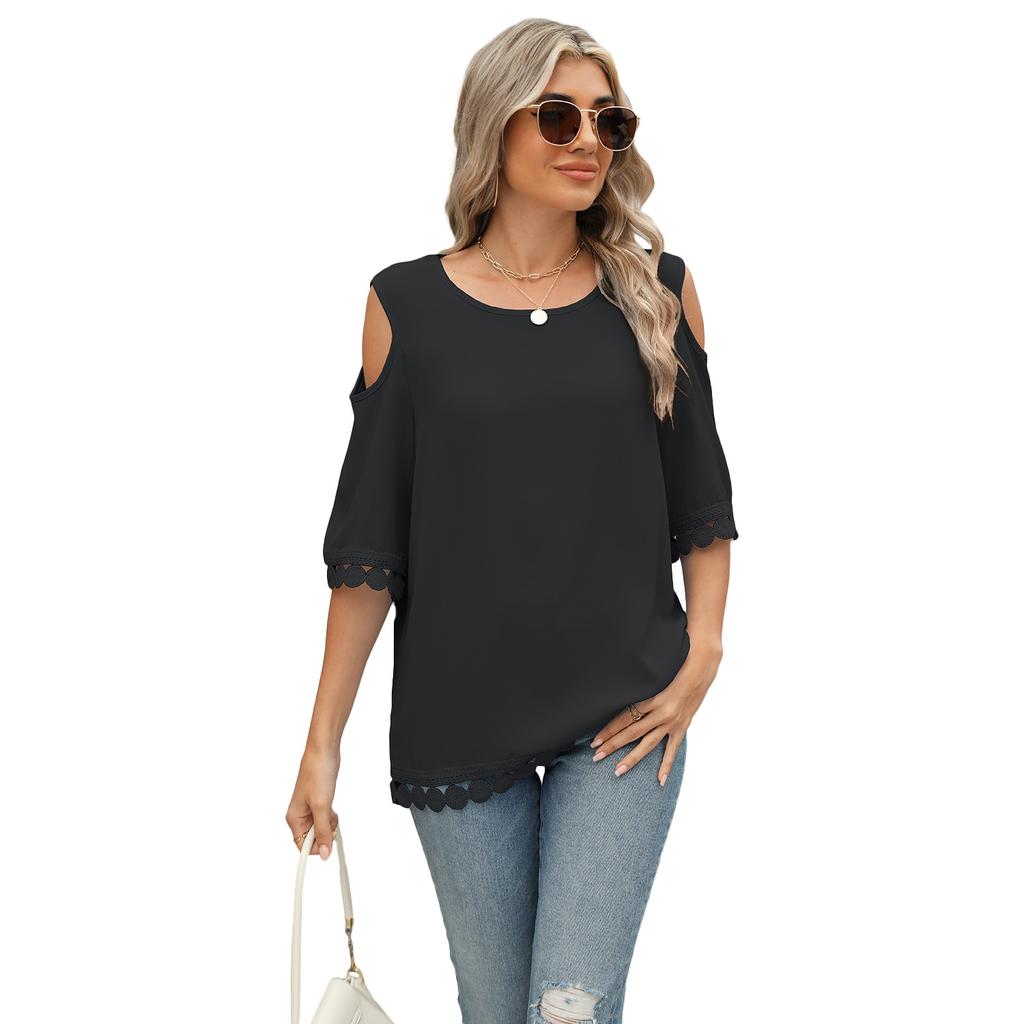 Women's Spring and Summer New Round Neck Lace Chiffon Shirt Loose Strapless Middle Sleeve Tops