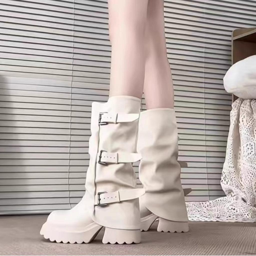 Wasteland Wind Brown High Heel Platform Knight Boots Women's Long Boots Martin Boots Wrinkled Tall Pile Long Boots