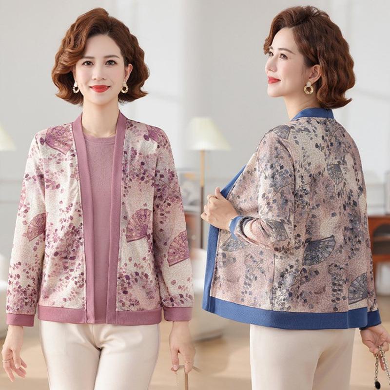Middle-aged Women's Spring/Fall Knit Cardigan & T-shirt Set - Plus Size Stylish Two-piece
