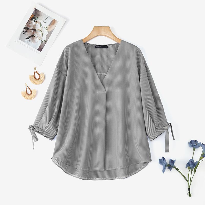 ZANZEA Women Casual Loose V Neck 3/4 Sleeve Plaid Print Irregular Blouse