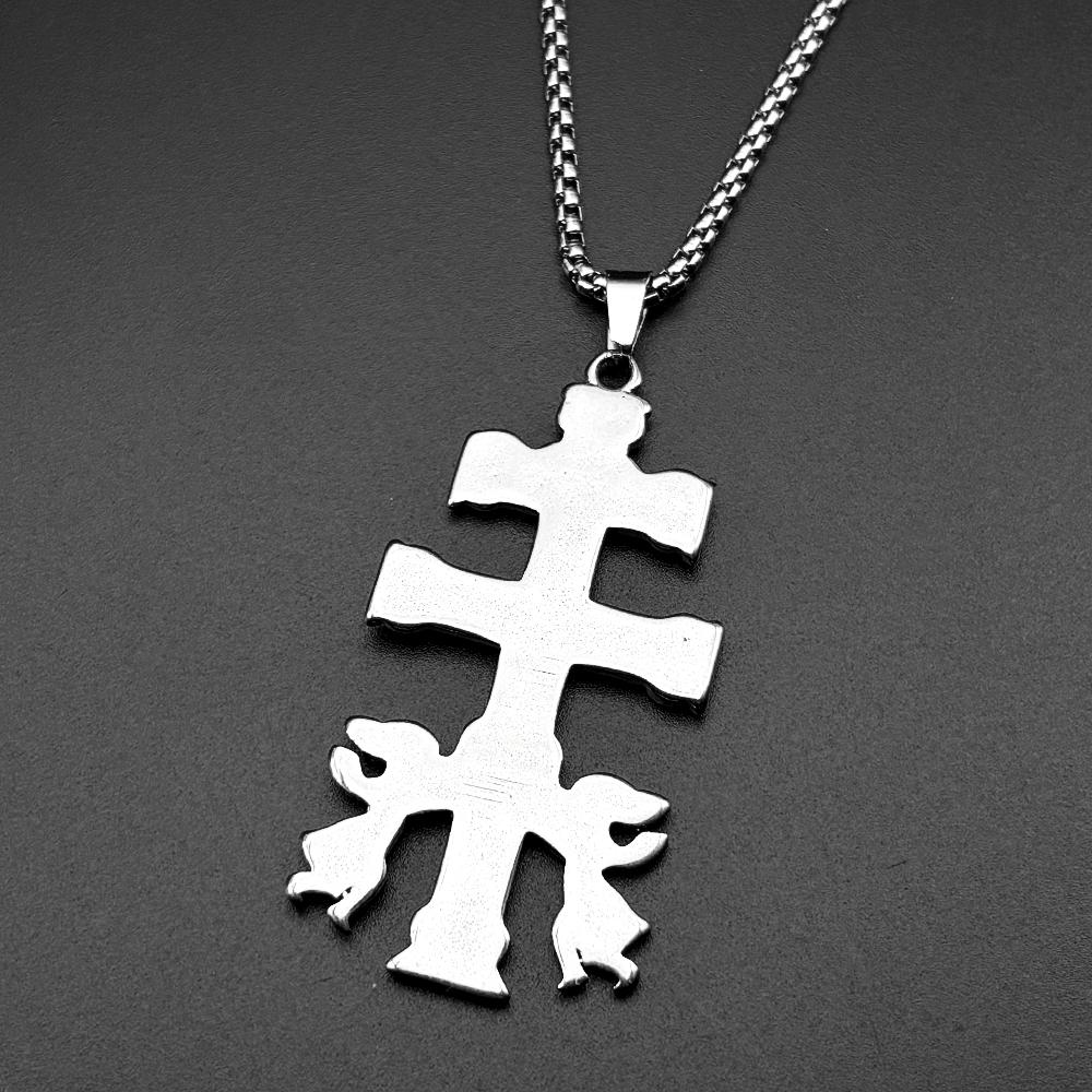 Catholic INRI Caravaca Cross Jesus Crucifix Cherub Angel Pendant Necklace for Women Men Stainless Steel Orthodox Jewelry Gift