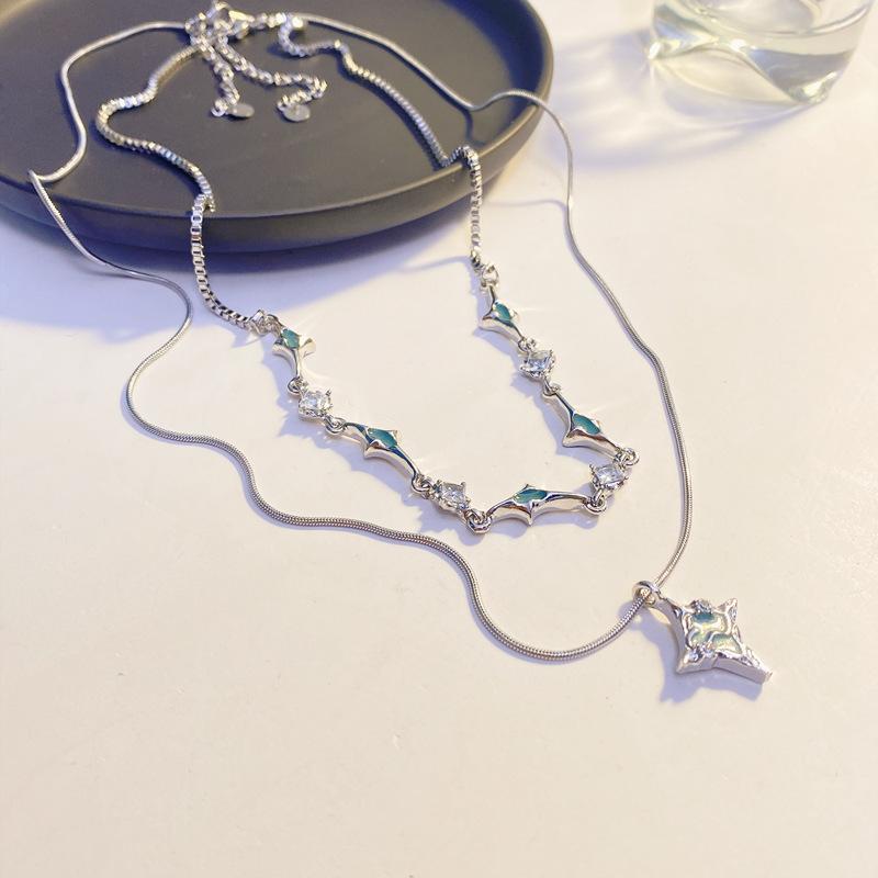 Double layered wearing blue dripping oil four-pointed star zircon splicing necklace women's summer ins niche design collarbone chain