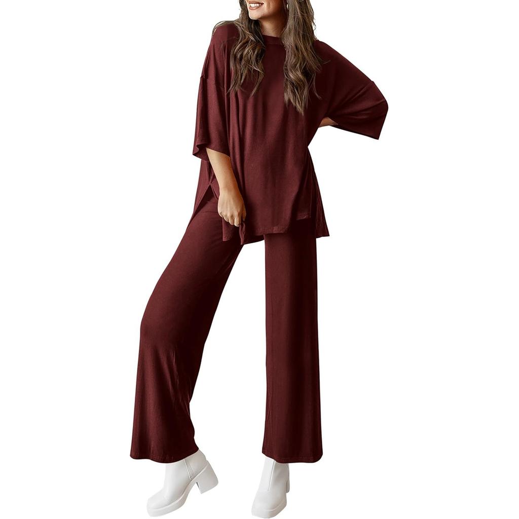 Women's Loose-Fitting Fashion Solid Color Split Round Neck Short Sleeve Long Pants Two-Piece Set