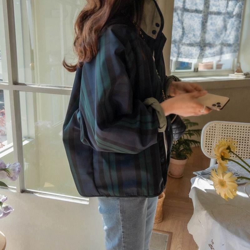 Women's Versatile Reversible Plaid Short Jacket - Korean Style, Spring/Autumn 2025, Loose Fit, Small Size Trench Coat