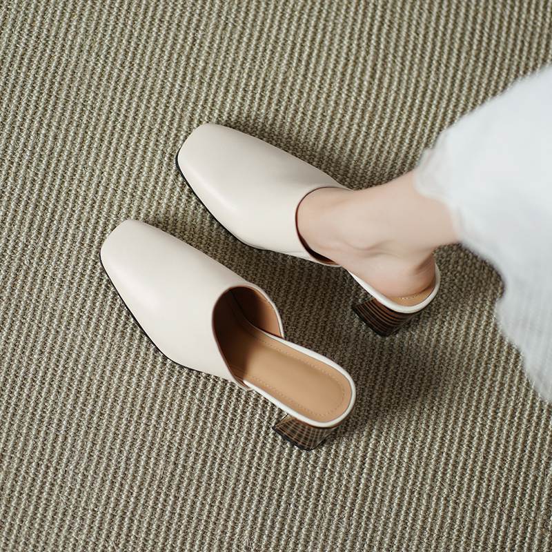 Krazing Pot Mules Cow Skin Basic Clothing Spring Summer Size 43 Size 42 Sandals Women Thick Heels Women Square Toe Slip On Pumps