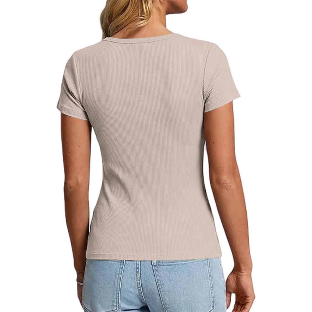 Damski Casualowy Kolorowy Nowy Top T-shirt z Krótkim Rękawem, Ozdobnym Guzikiem i Dekoltem V